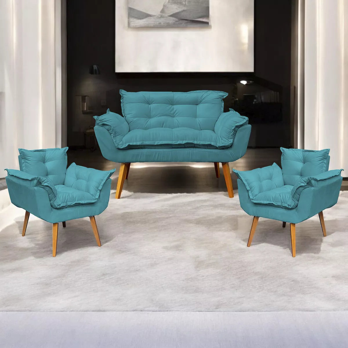 Kit Namoradeira Reforçada + 2 Poltronas Decorativas Para Sala Recepção Consultório Escritório Suede