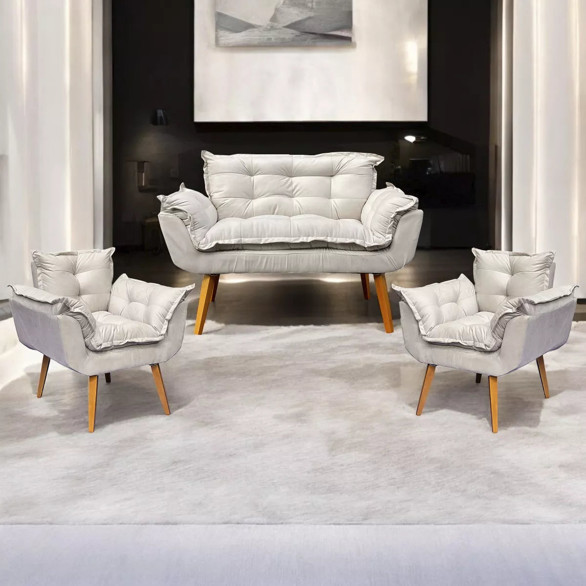 Kit Namoradeira Reforçada + 2 Poltronas Decorativas Para Sala Recepção Consultório Escritório Suede