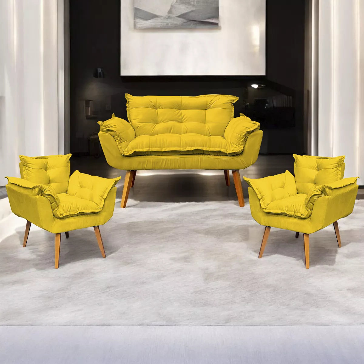 Kit Namoradeira Reforçada + 2 Poltronas Decorativas Para Sala Recepção Consultório Escritório Suede
