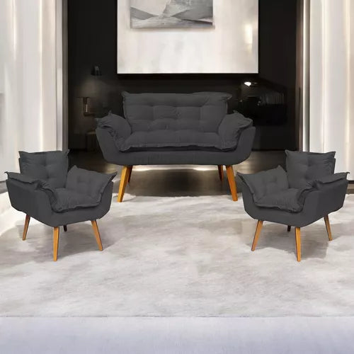 Kit Namoradeira Reforçada + 2 Poltronas Decorativas Para Sala Recepção Consultório Escritório Suede
