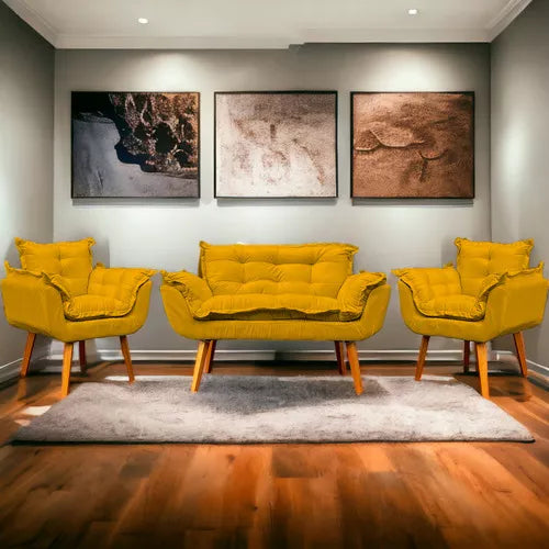 Kit Namoradeira Reforçada + 2 Poltronas Decorativas Para Sala Recepção Consultório Escritório Suede
