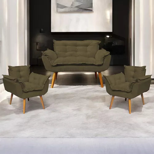 Kit Namoradeira Reforçada + 2 Poltronas Decorativas Para Sala Recepção Consultório Escritório Suede
