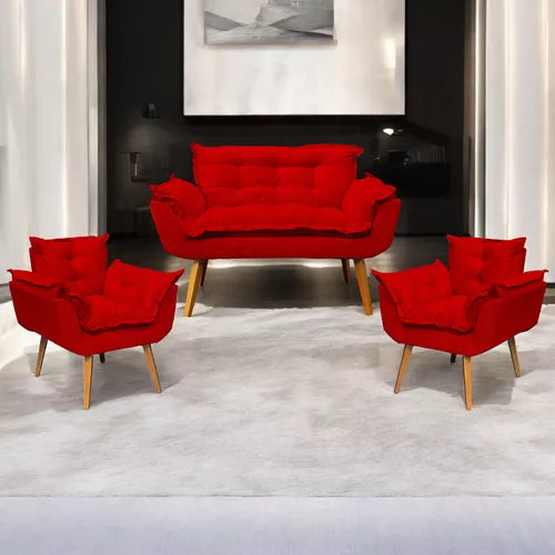 Kit Namoradeira Reforçada + 2 Poltronas Decorativas Para Sala Recepção Consultório Escritório Suede