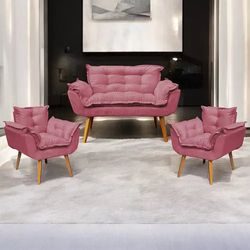 Kit Namoradeira Reforçada + 2 Poltronas Decorativas Para Sala Recepção Consultório Escritório Suede