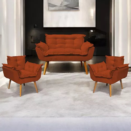 Kit Namoradeira Reforçada + 2 Poltronas Decorativas Para Sala Recepção Consultório Escritório Suede