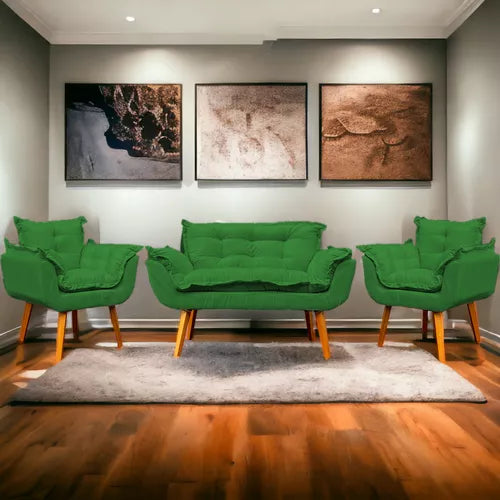 Kit Namoradeira Reforçada + 2 Poltronas Decorativas Para Sala Recepção Consultório Escritório Suede