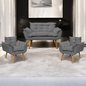 Kit Namoradeira Reforçada + 2 Poltronas Decorativas Para Sala Recepção Consultório Escritório Suede