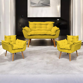 Kit Namoradeira Reforçada + 2 Poltronas Decorativas Para Sala Recepção Consultório Escritório Suede
