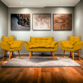 Kit Namoradeira Reforçada + 2 Poltronas Decorativas Para Sala Recepção Consultório Escritório Suede