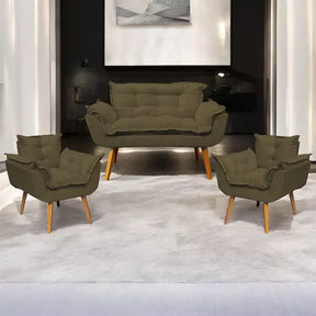 Kit Namoradeira Reforçada + 2 Poltronas Decorativas Para Sala Recepção Consultório Escritório Suede